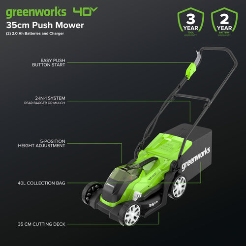 40V Cordless Lawn Mower, 35cm Cutting Width, 2×2Ah Batteries, Charger, 40L Grass Bag, 5 Cutting Heights